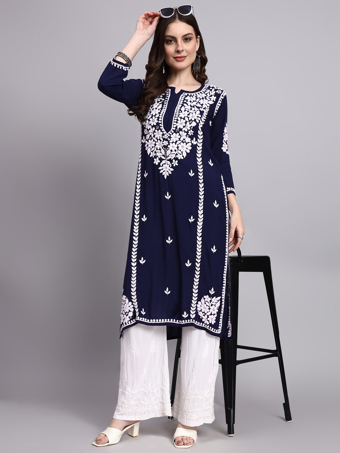 Handmade chikankari long kurta for women crafted in soft rayon fabric with detailed embroidery and comfortable straight cut
