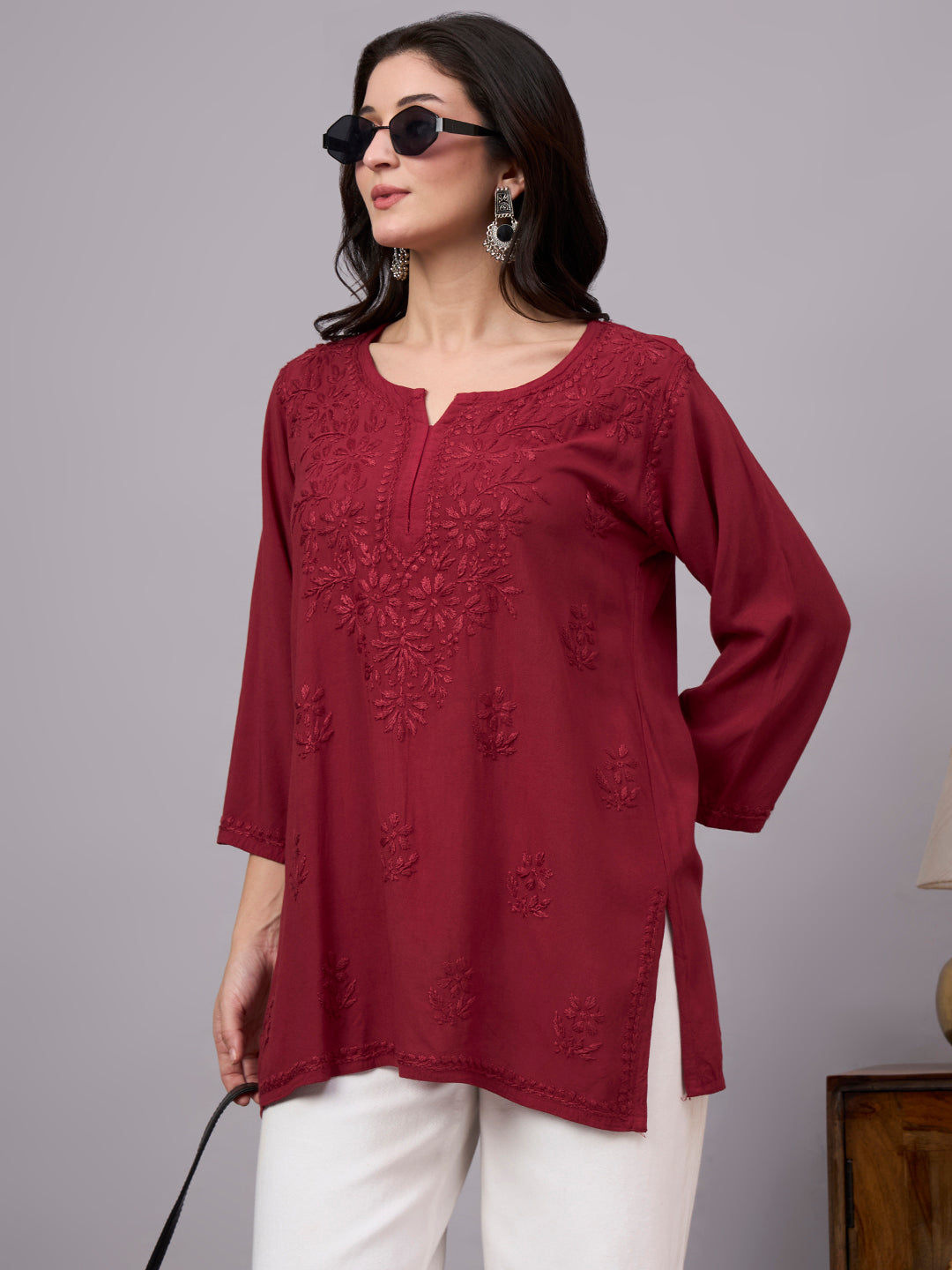 Hand embroidered Chikankari short kurta showcasing classic Indian craftsmanship with modern styling and breathable rayon fabric comfort