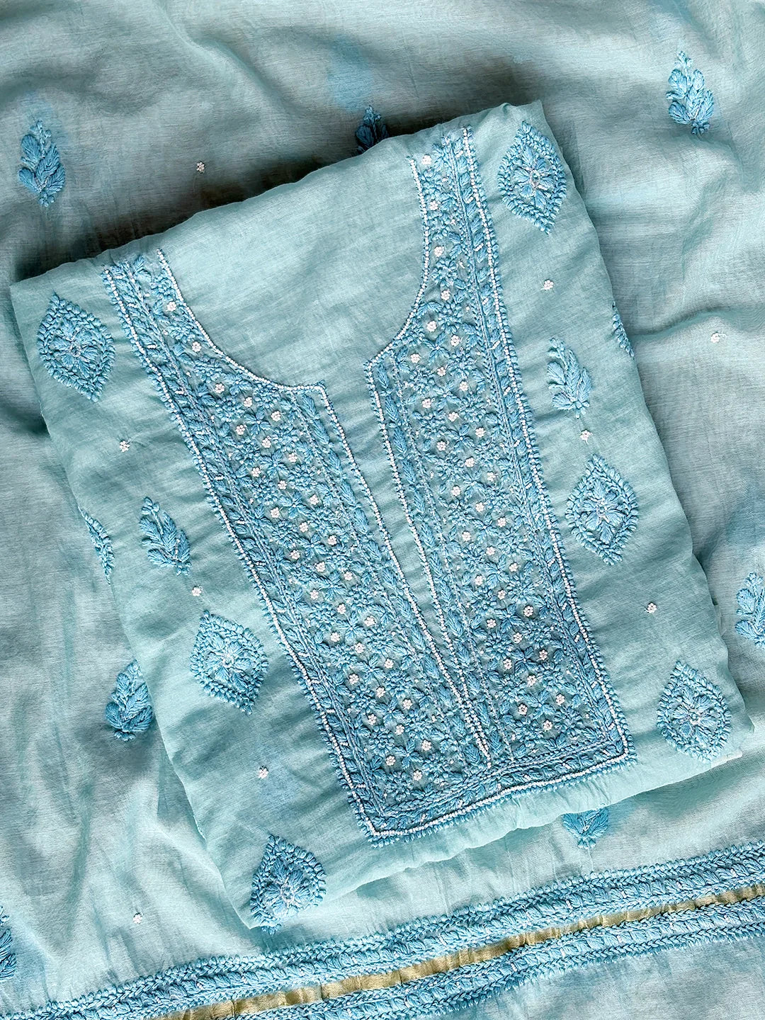 Nazila Mul Chanderi Chikankari Kurti Piece with Dupatta - Green