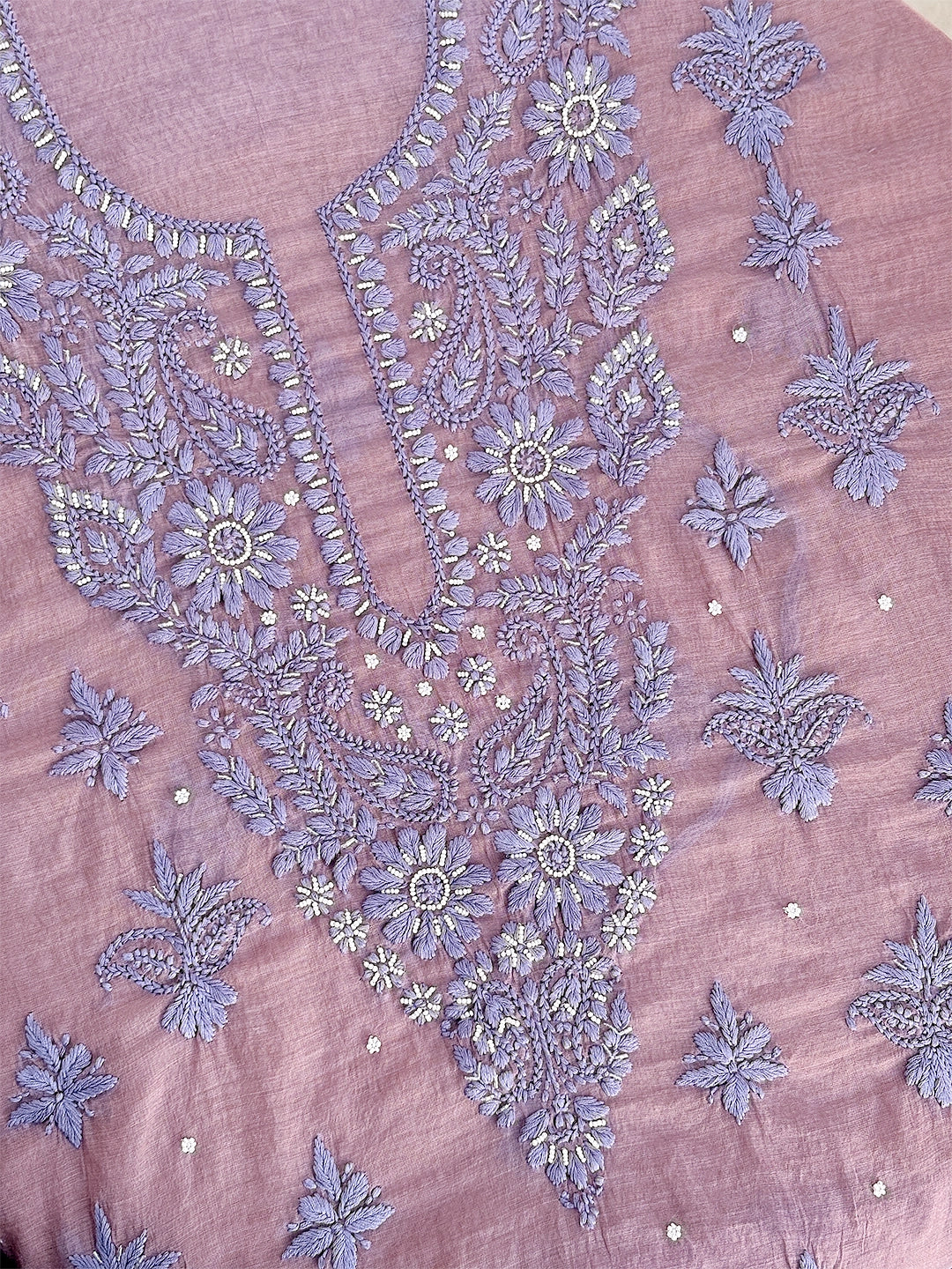 Nazila Mul Chanderi Chikankari Kurti Piece with Dupatta - Mauve