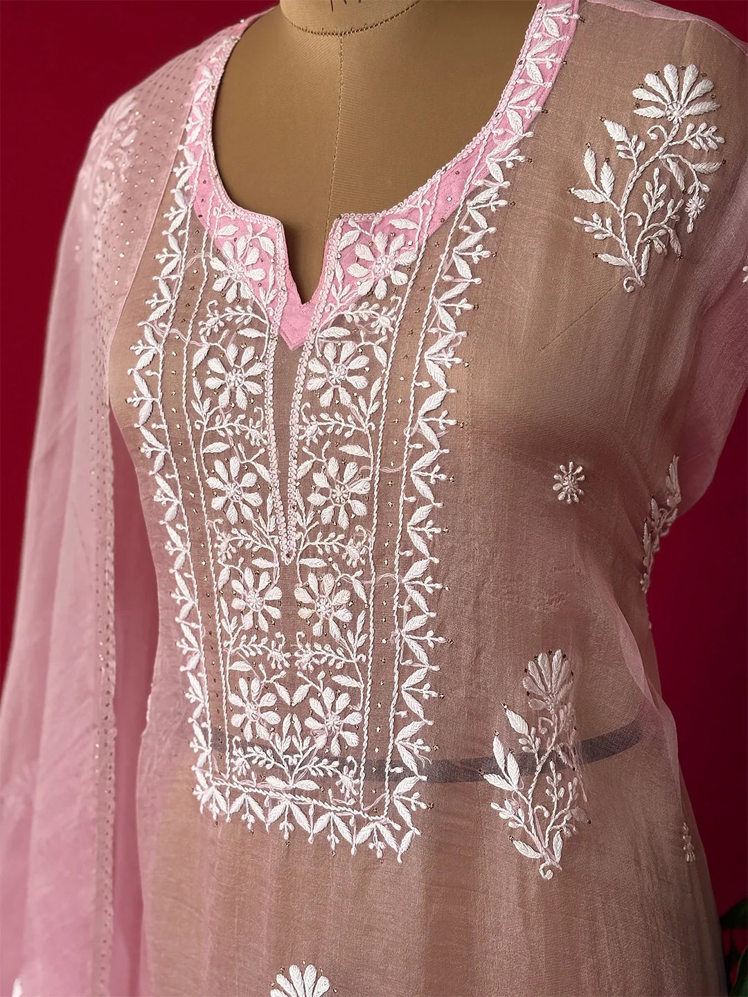 Nazrana Organza Chikankari Kurti Piece with Dupatta - Pink