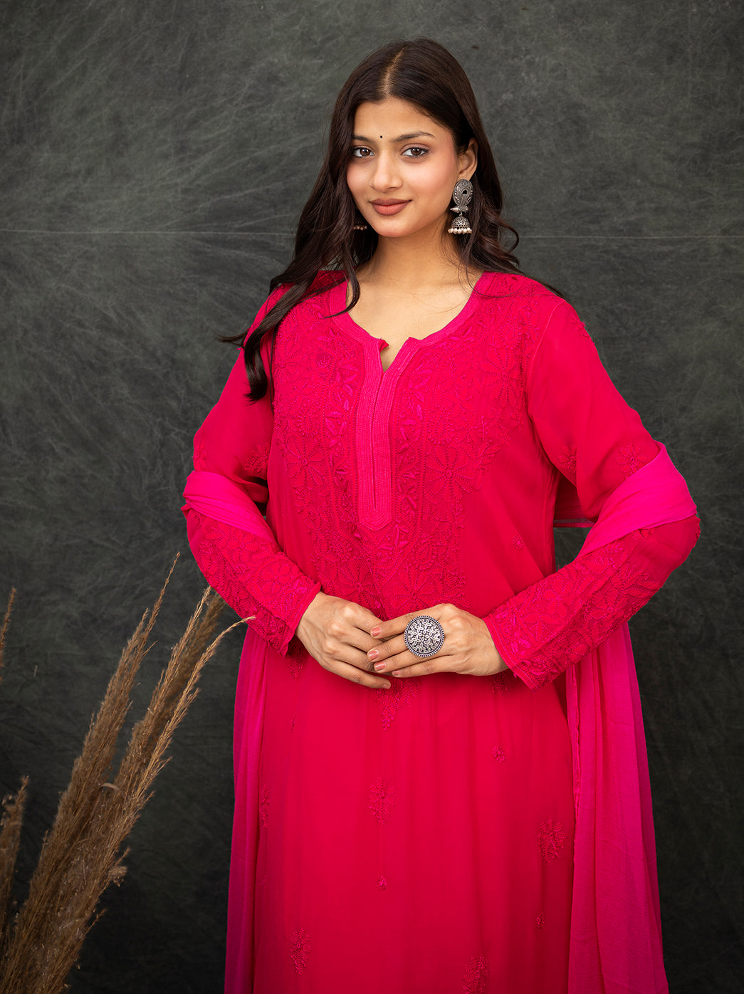 Nida Viscose Chikankari Straight Kurta Set with Dupatta -Hot Pink
