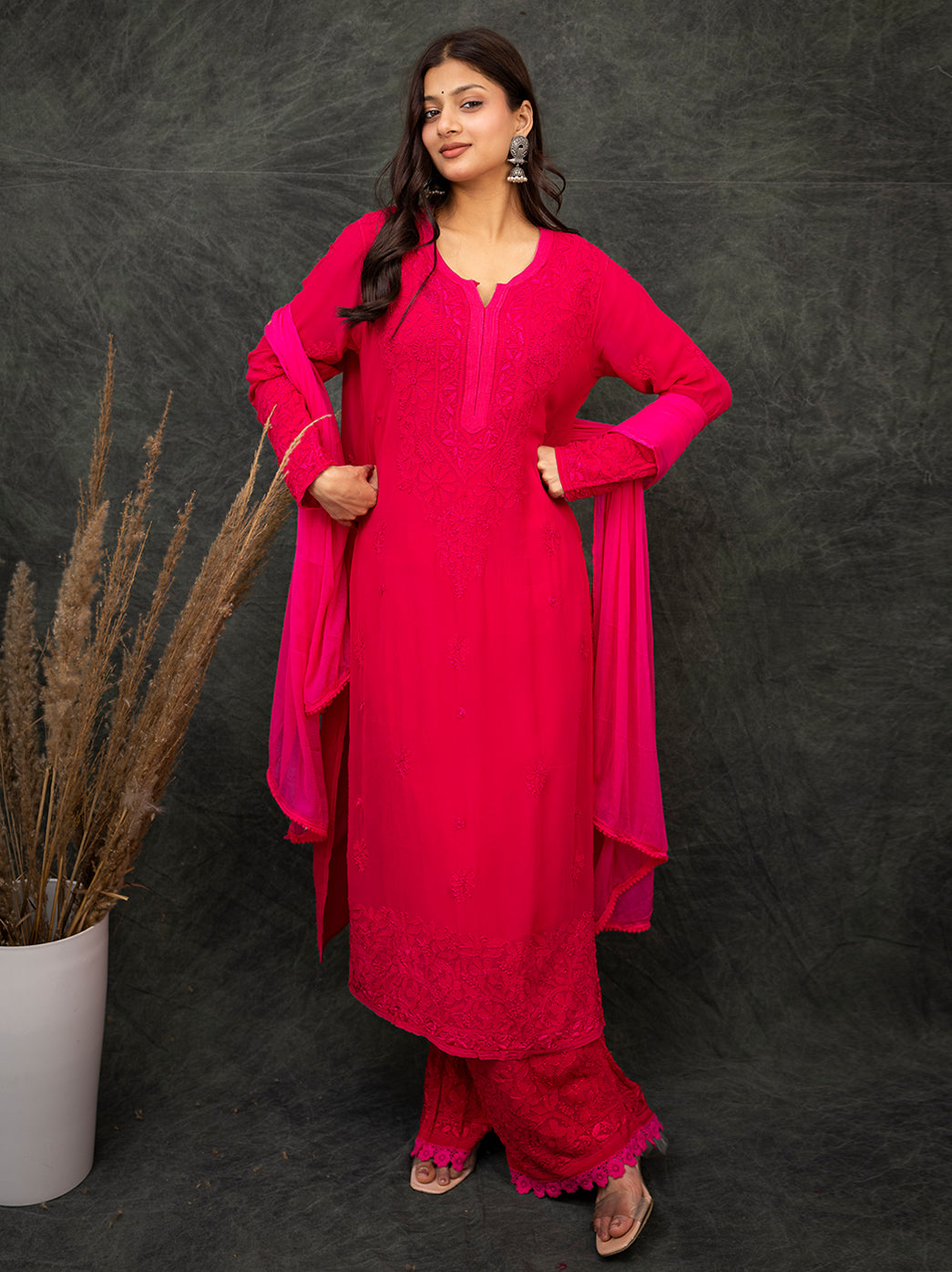 Nida Viscose Chikankari Straight Kurta Set with Dupatta -Hot Pink