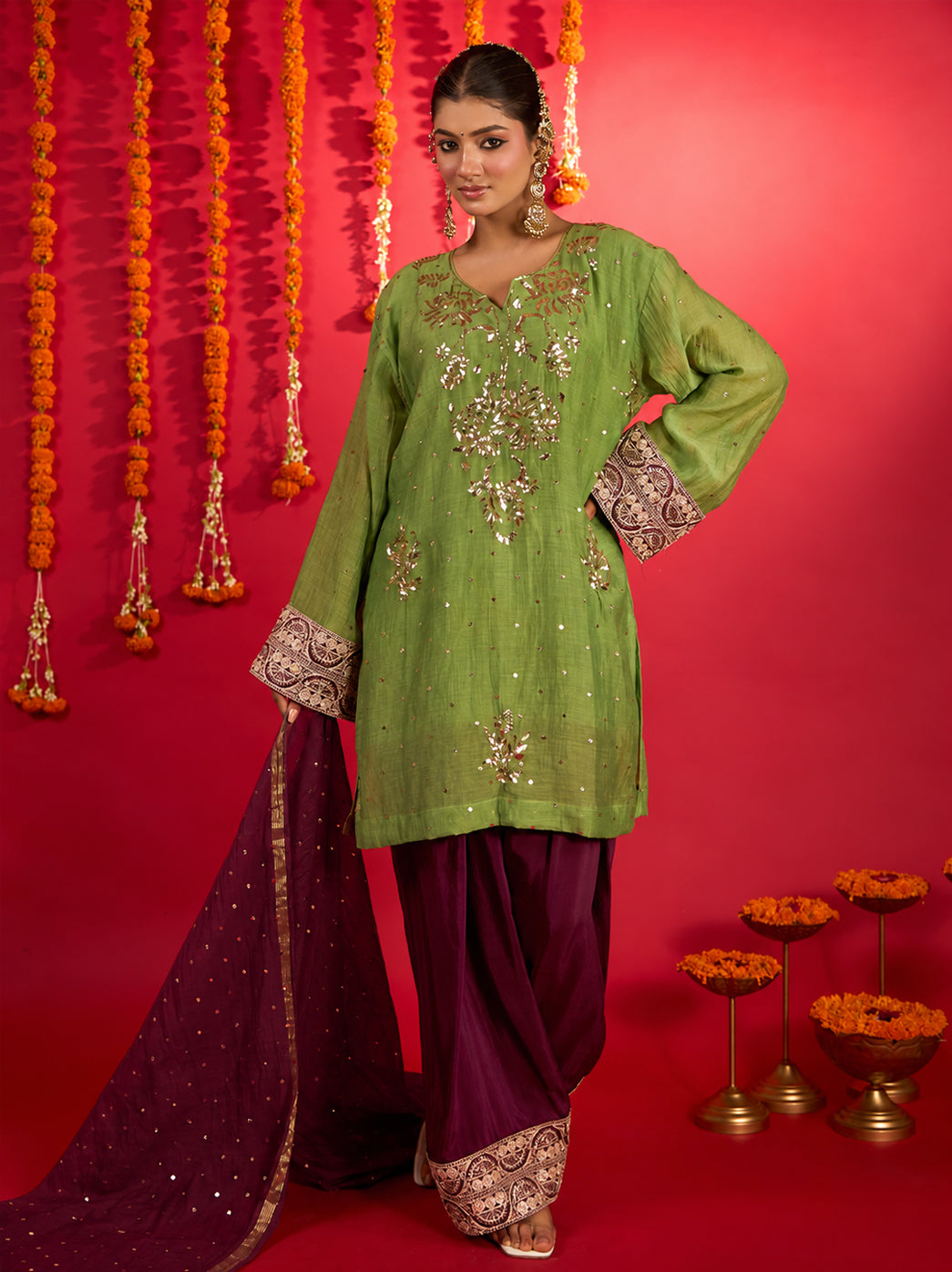Noorani Mul Chanderi Short Kurti Farshi Set – Green & Wine