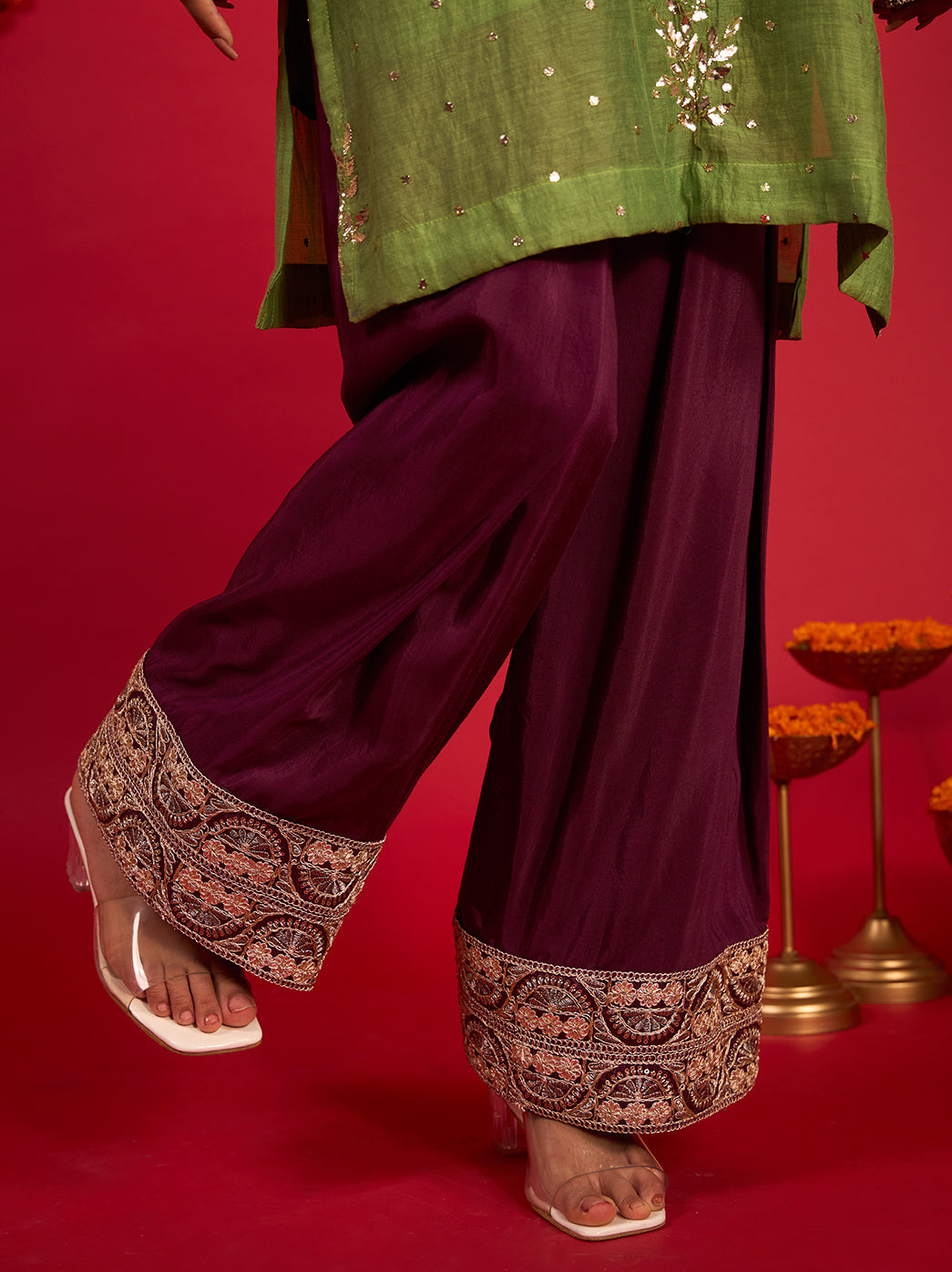Noorani Mul Chanderi Short Kurti Farshi Set – Green & Wine