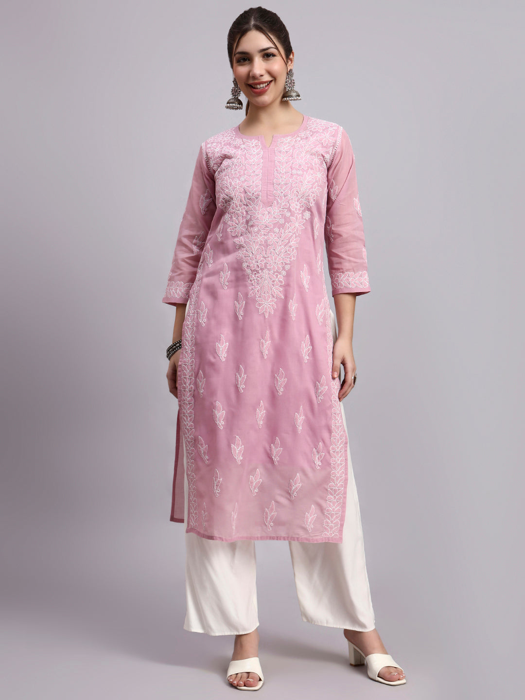 Traditional Chikankari cotton kurti with modern straight silhouette perfect for workwear and casual styling