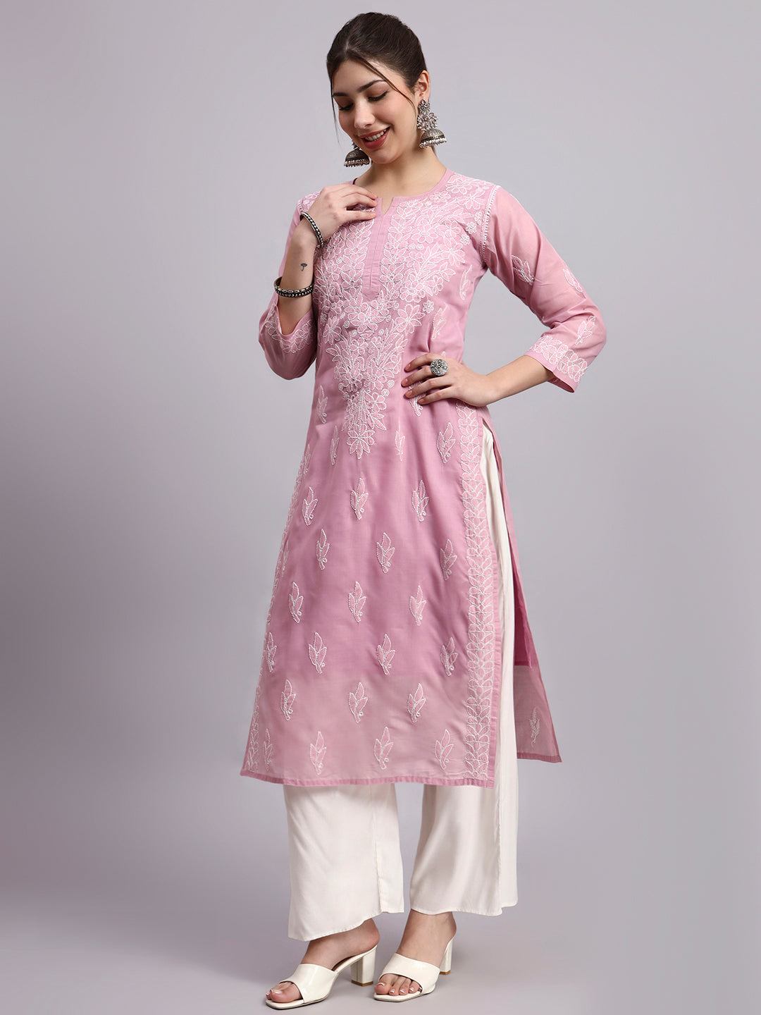 Premium Chikankari cotton kurti featuring elegant embroidery and comfortable regular wear styling for women