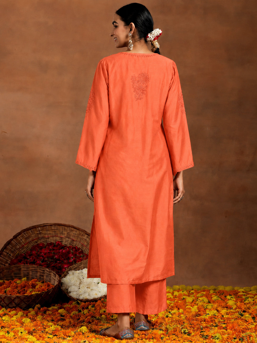Hanshika Chanderi Chikankari Kurta Set with Dupatta - Orange