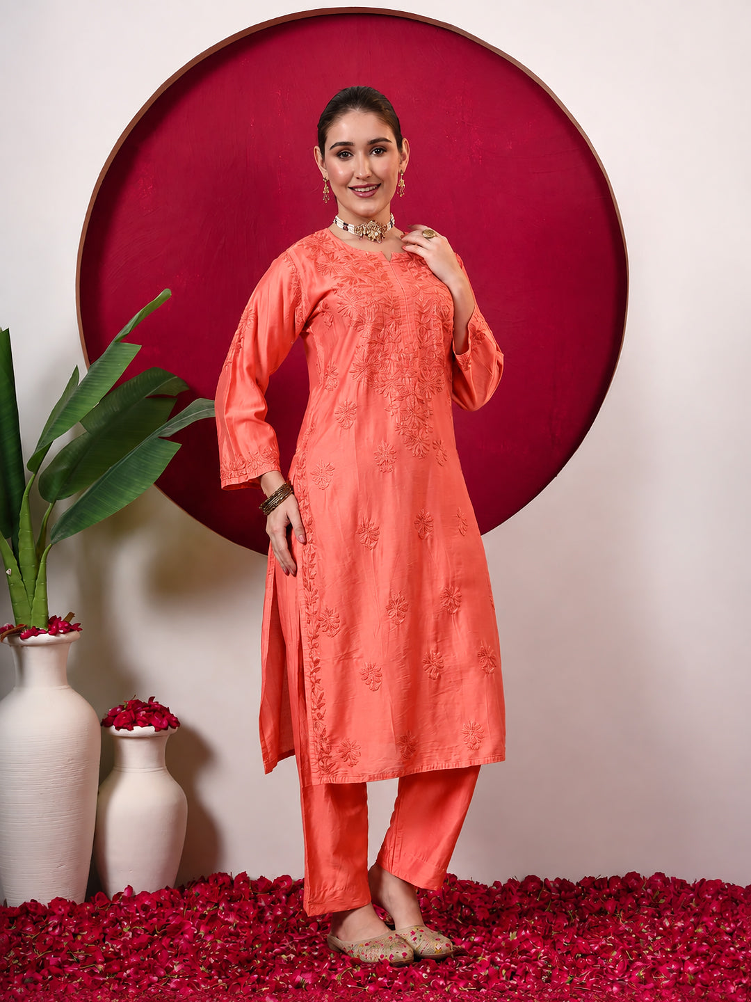 Hanshika Chanderi Chikankari Kurta Set with Dupatta - Orange