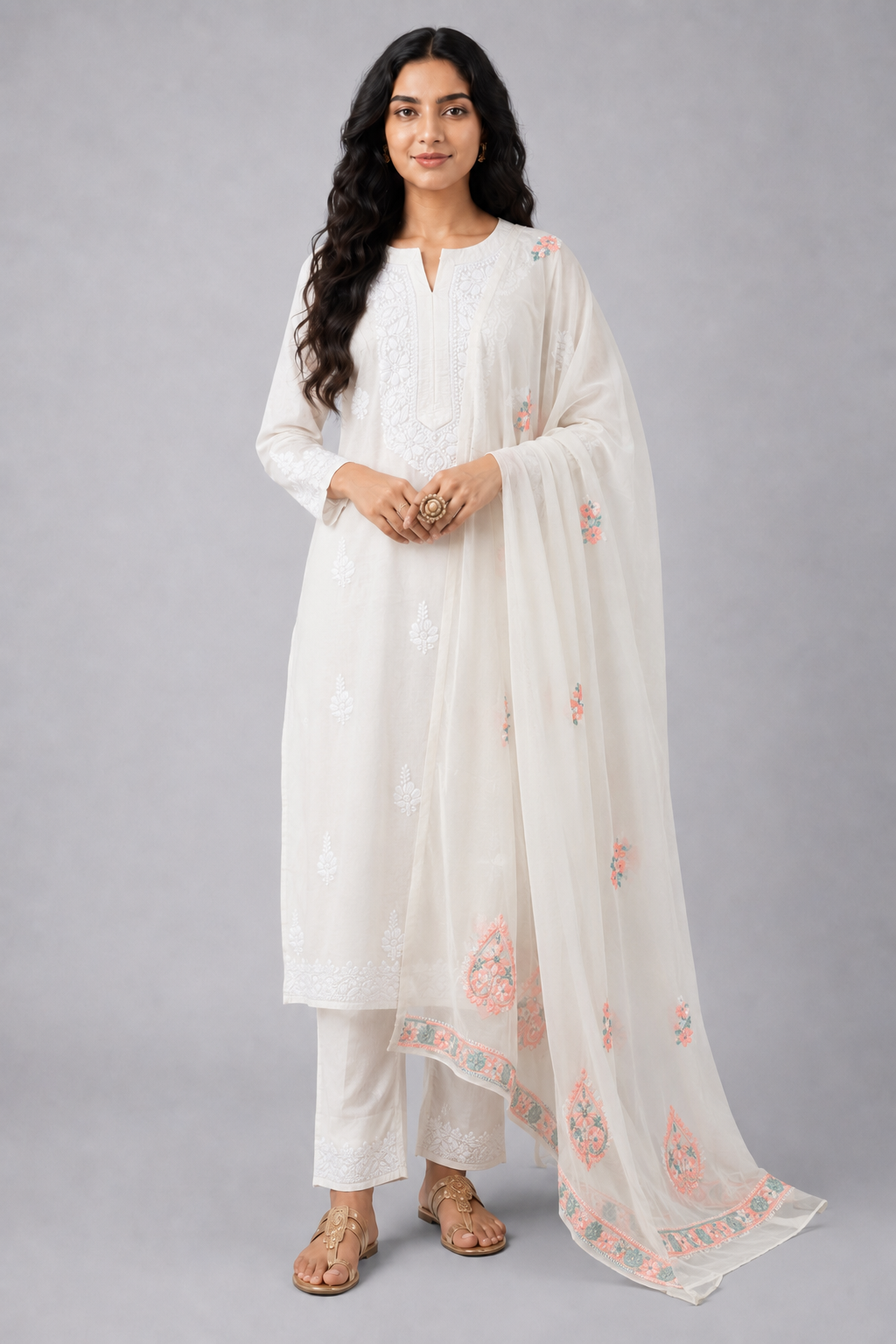 Peach Semi Organza Chikankari Dupatta