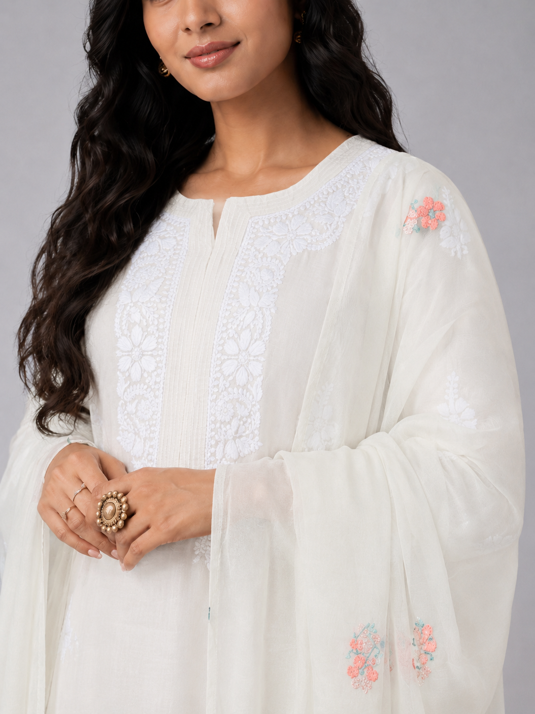 Peach Semi Organza Chikankari Dupatta