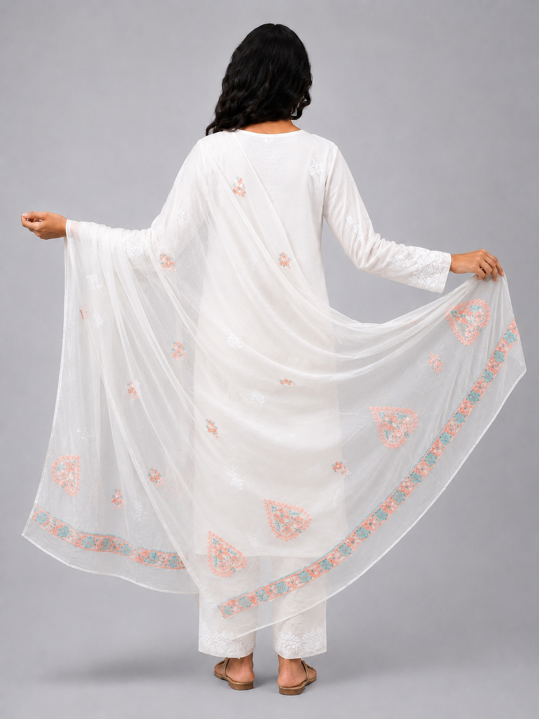 Peach Semi Organza Chikankari Dupatta