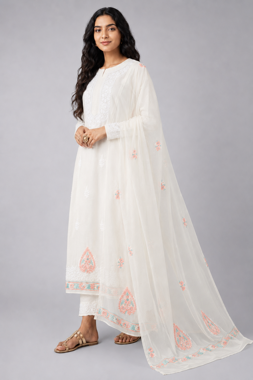 Peach Semi Organza Chikankari Dupatta