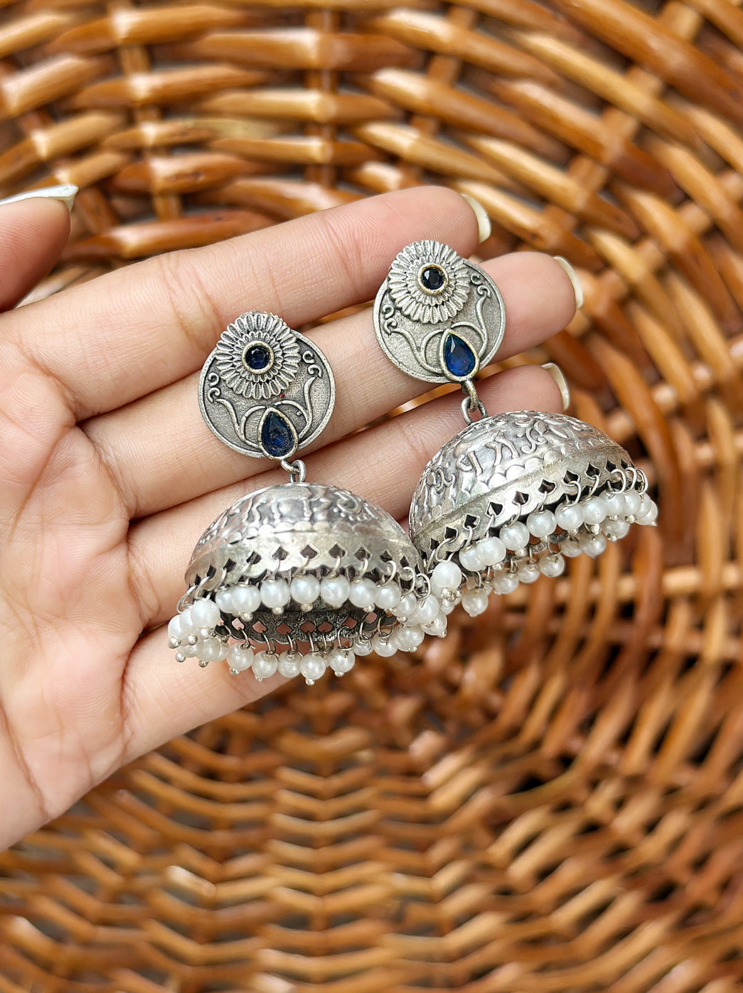 Oxidized Handcrafted Blue Kundan Jhumka Earring with Pearl