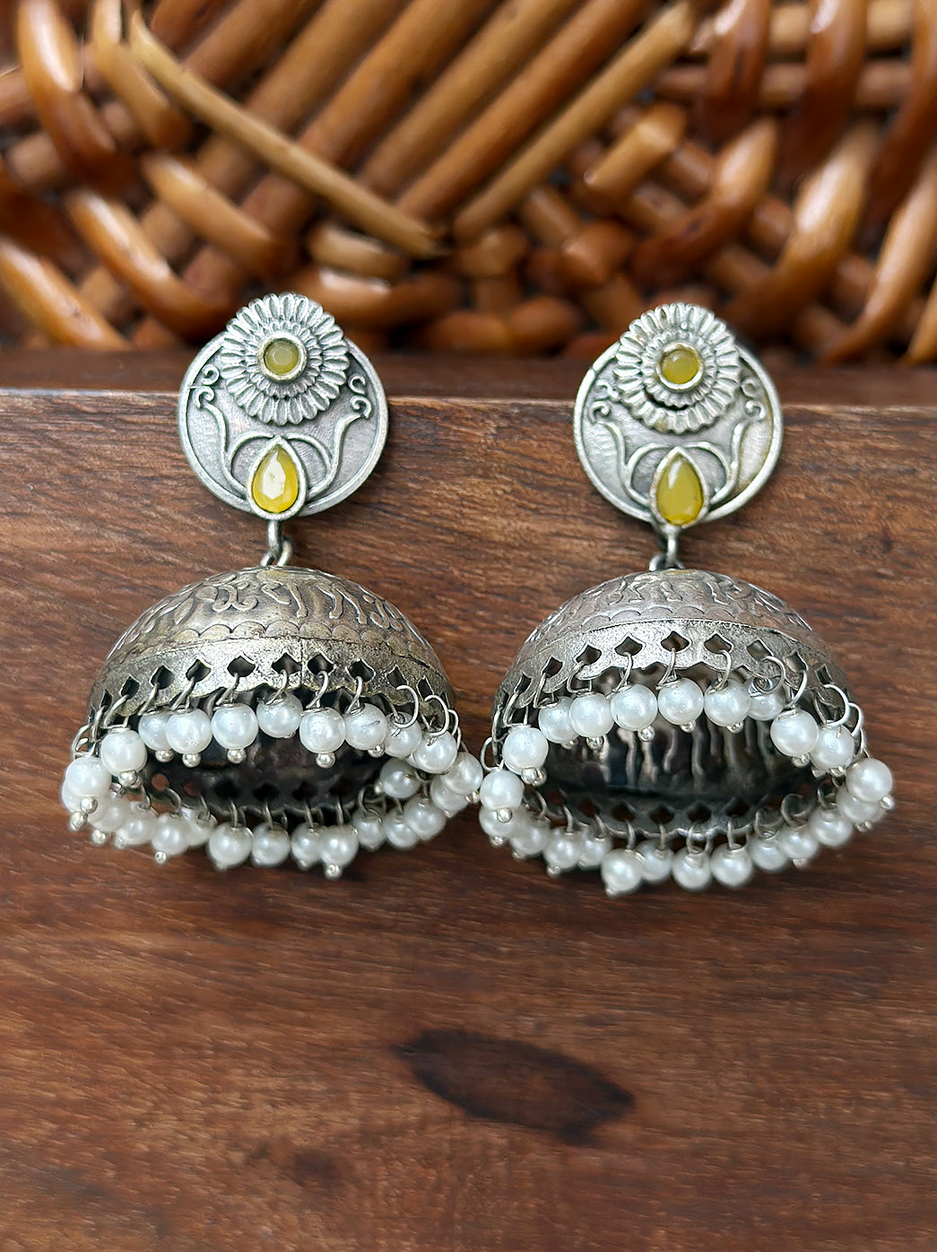 Oxidized Handcrafted Yellow Kundan Jhumka Earring with Pearl