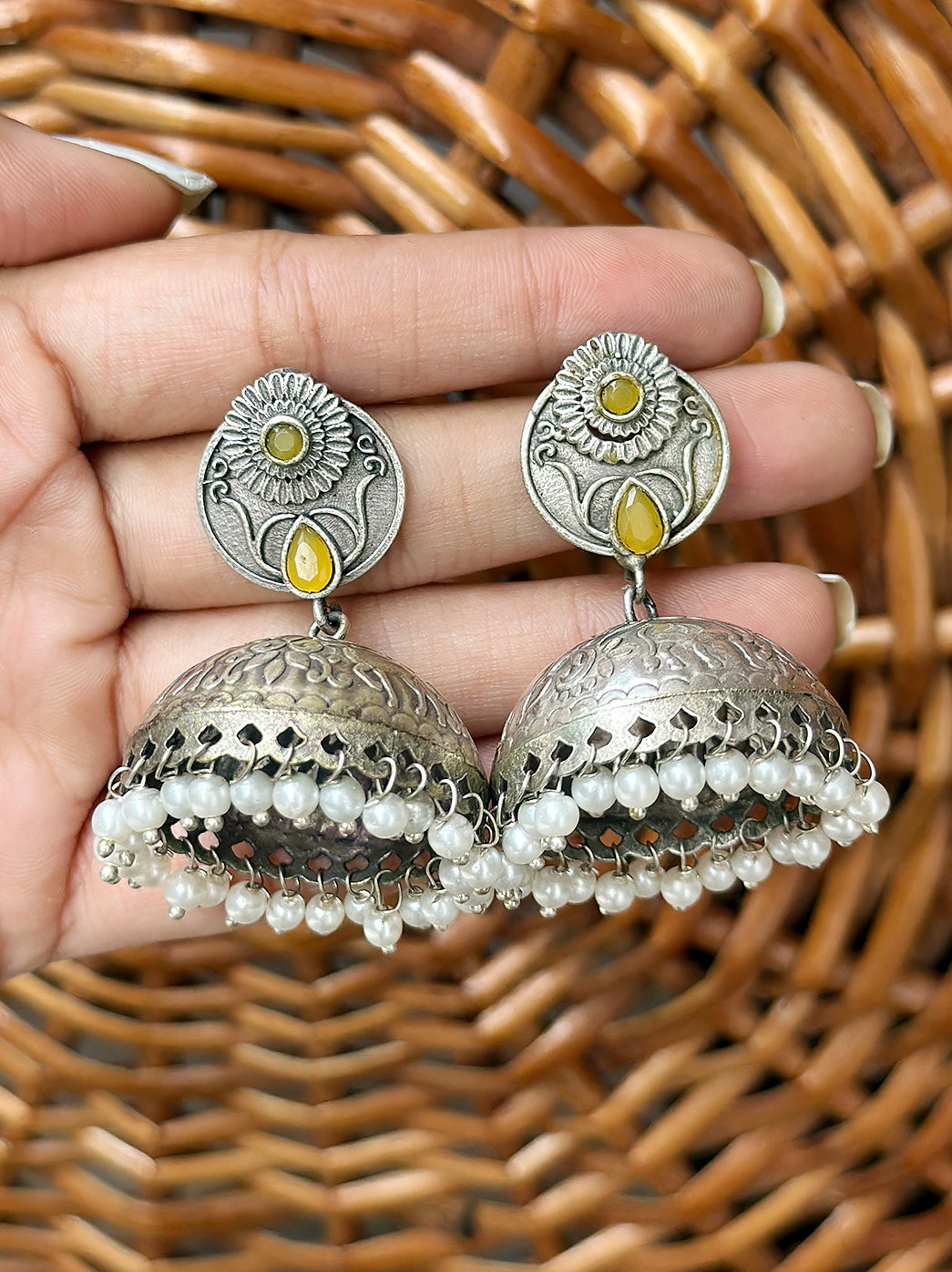 Oxidized Handcrafted Yellow Kundan Jhumka Earring with Pearl