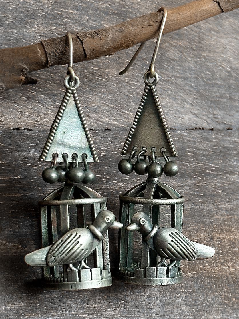 Oxidized Bird Cage Silver Tone Earring