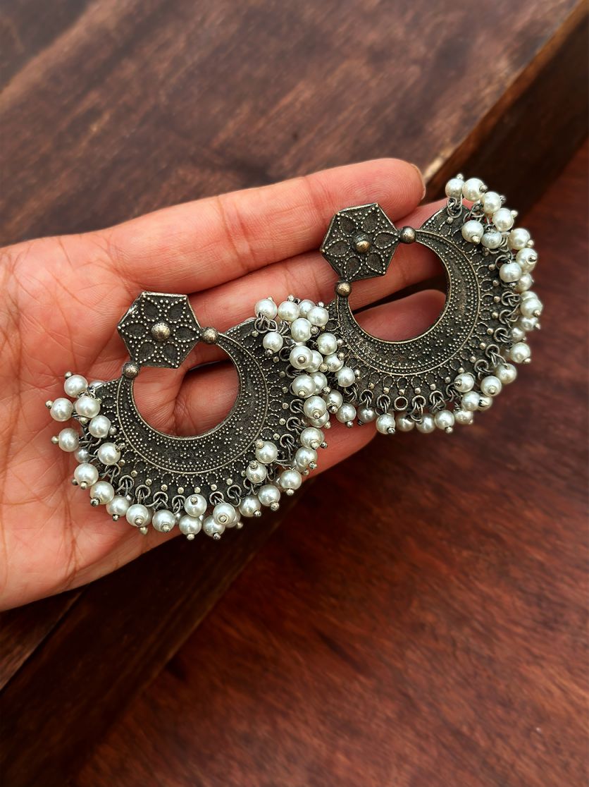 Oxidized Handcrafted Chandbali Earring With Pearl Work