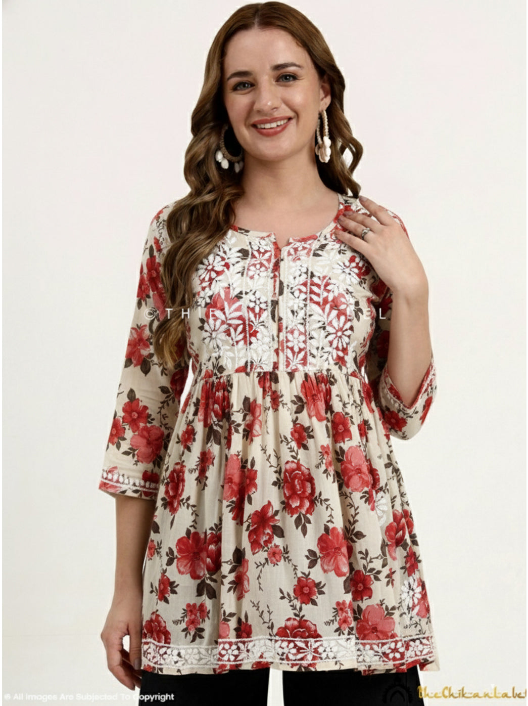 Women’s Mulmul Cotton Chikankari Short Top displaying traditional hand embroidery combined with modern printed aesthetics.