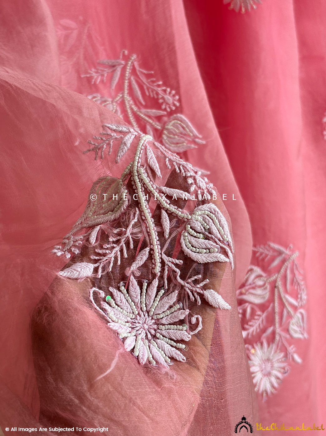 Ethnic festive wear organza chikankari pearl work saree draped gracefully, showcasing hand-embroidered motifs and artisan detailing for a refined celebration look.