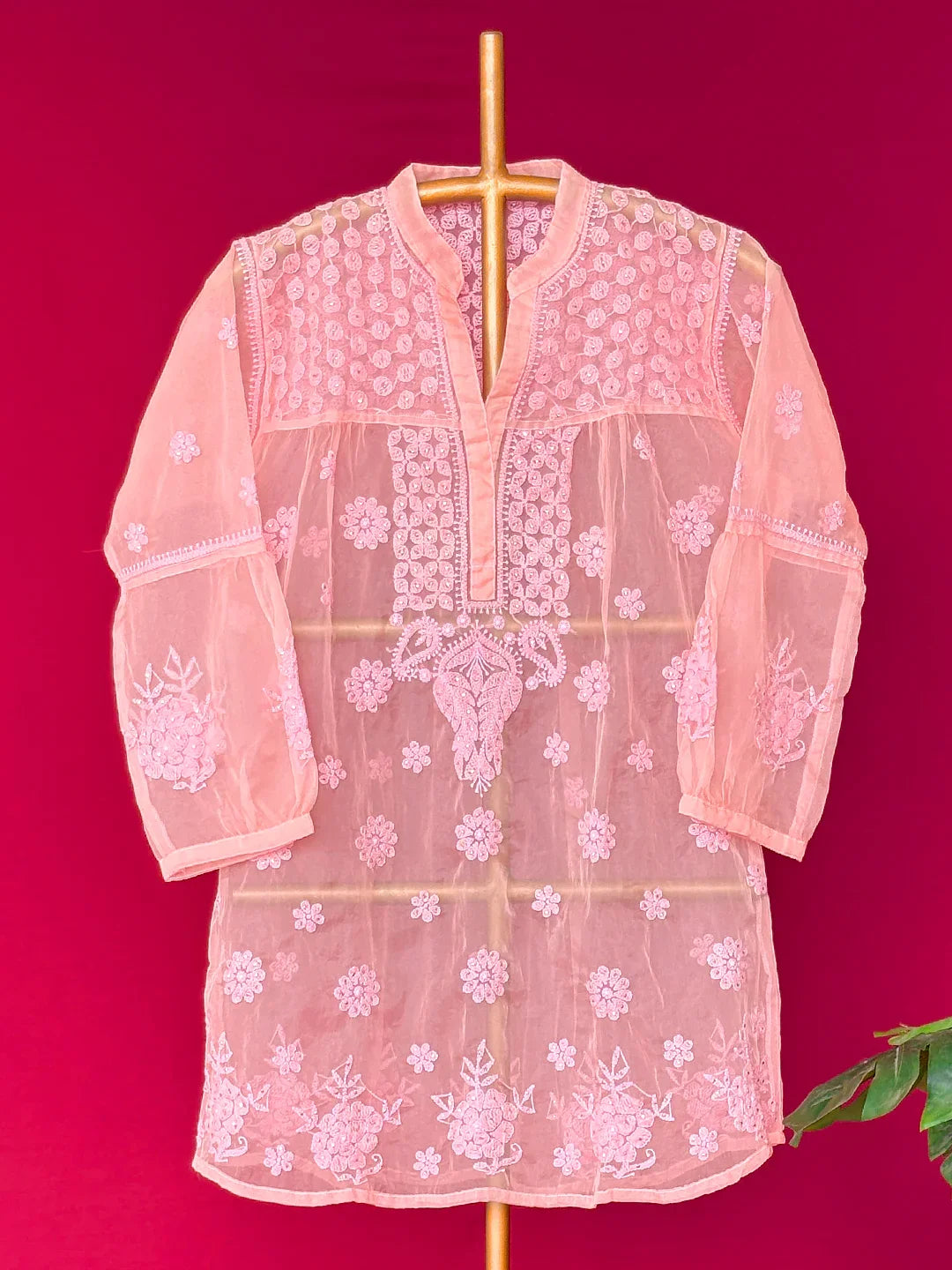 Aashna Organza Chikankari Short Kurta - Peach