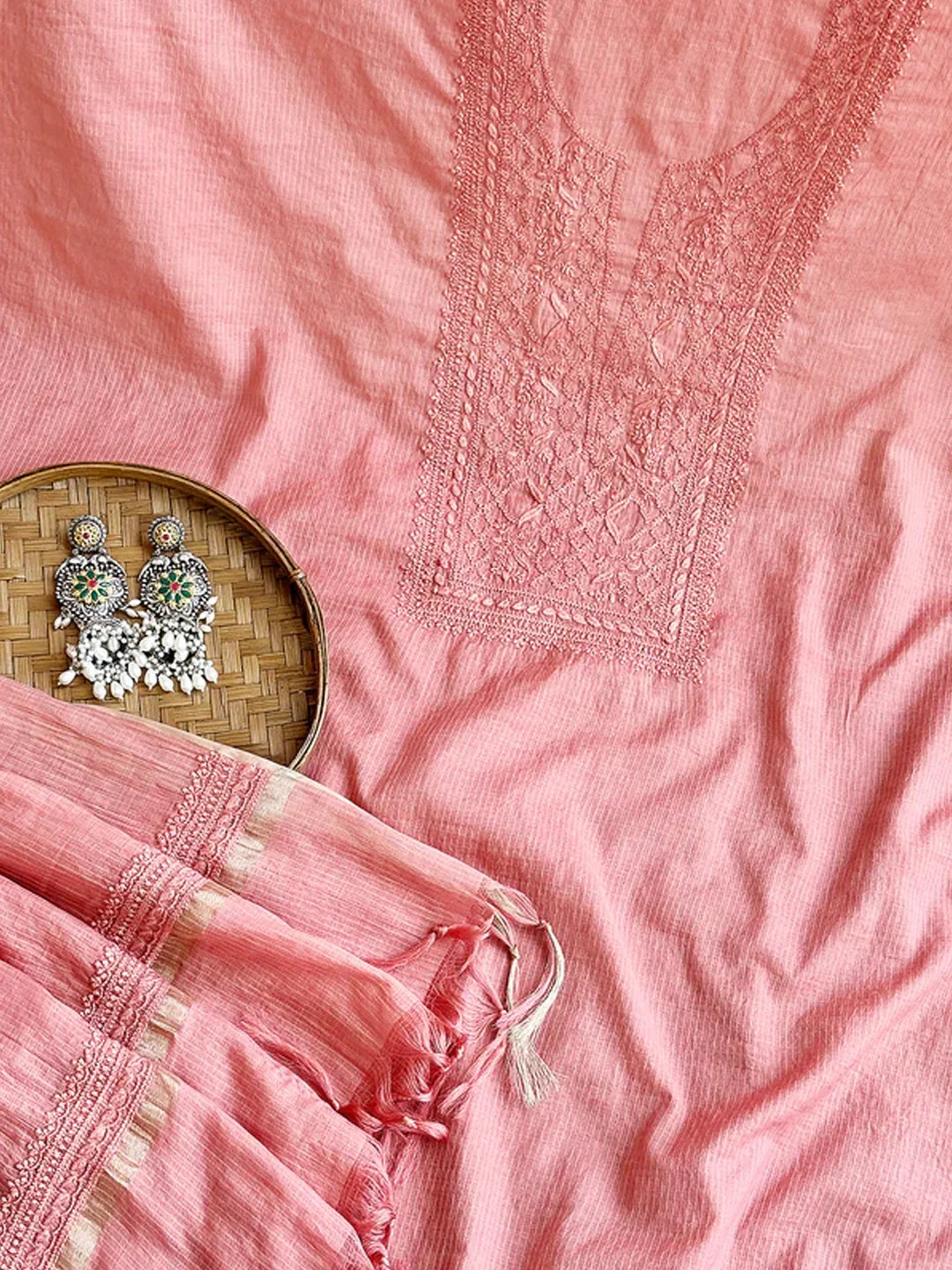 Peach Chanderi Chikankari Un-stitched Kurti Piece with Dupatta