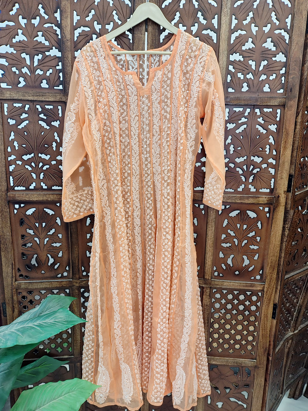 Peach Georgette Chikankari Anarkali Kurti