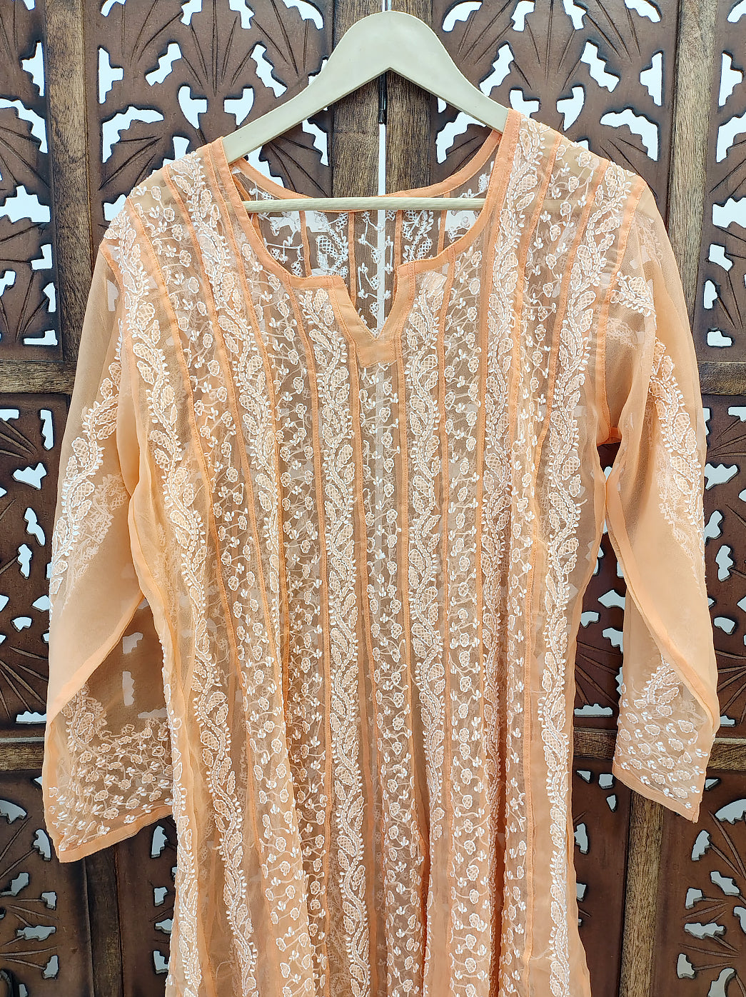 Peach Georgette Chikankari Anarkali Kurti