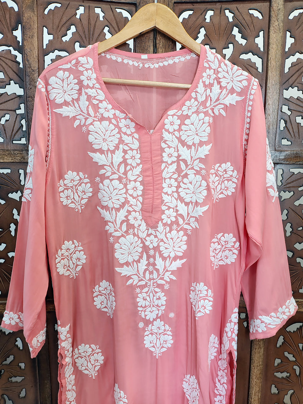 Peach Modal Chikankari Straight Kurti