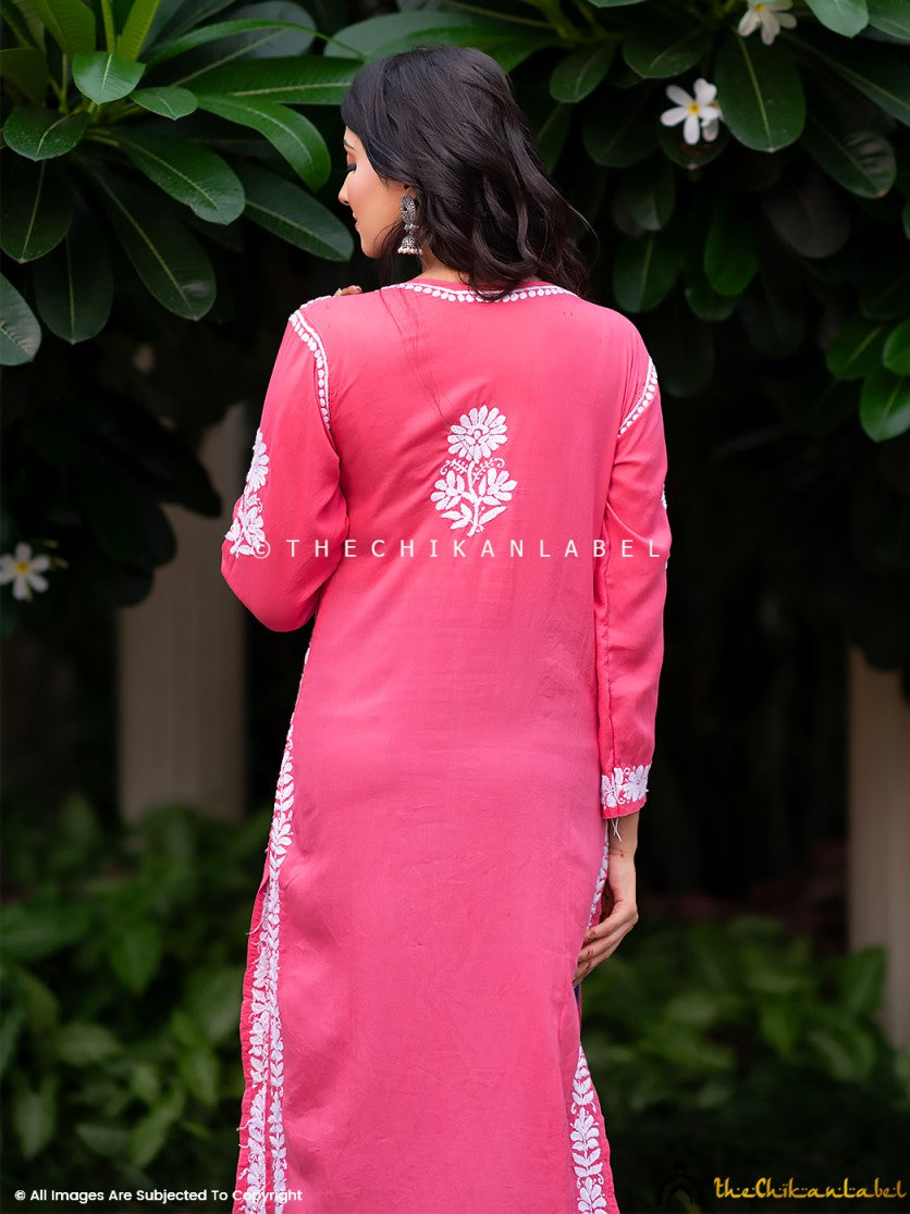 3/4th sleeve detail with hand-embroidered cuff on peach Chikankari kurti