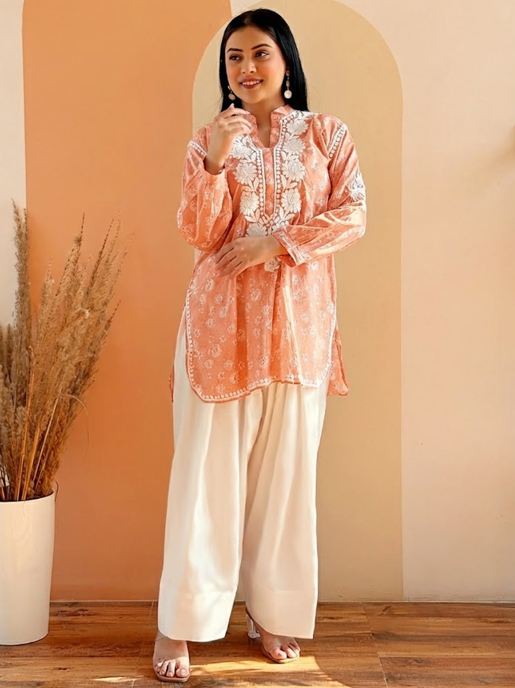 Peach Mulmul Printed Chikankari Farshi Salwar Set