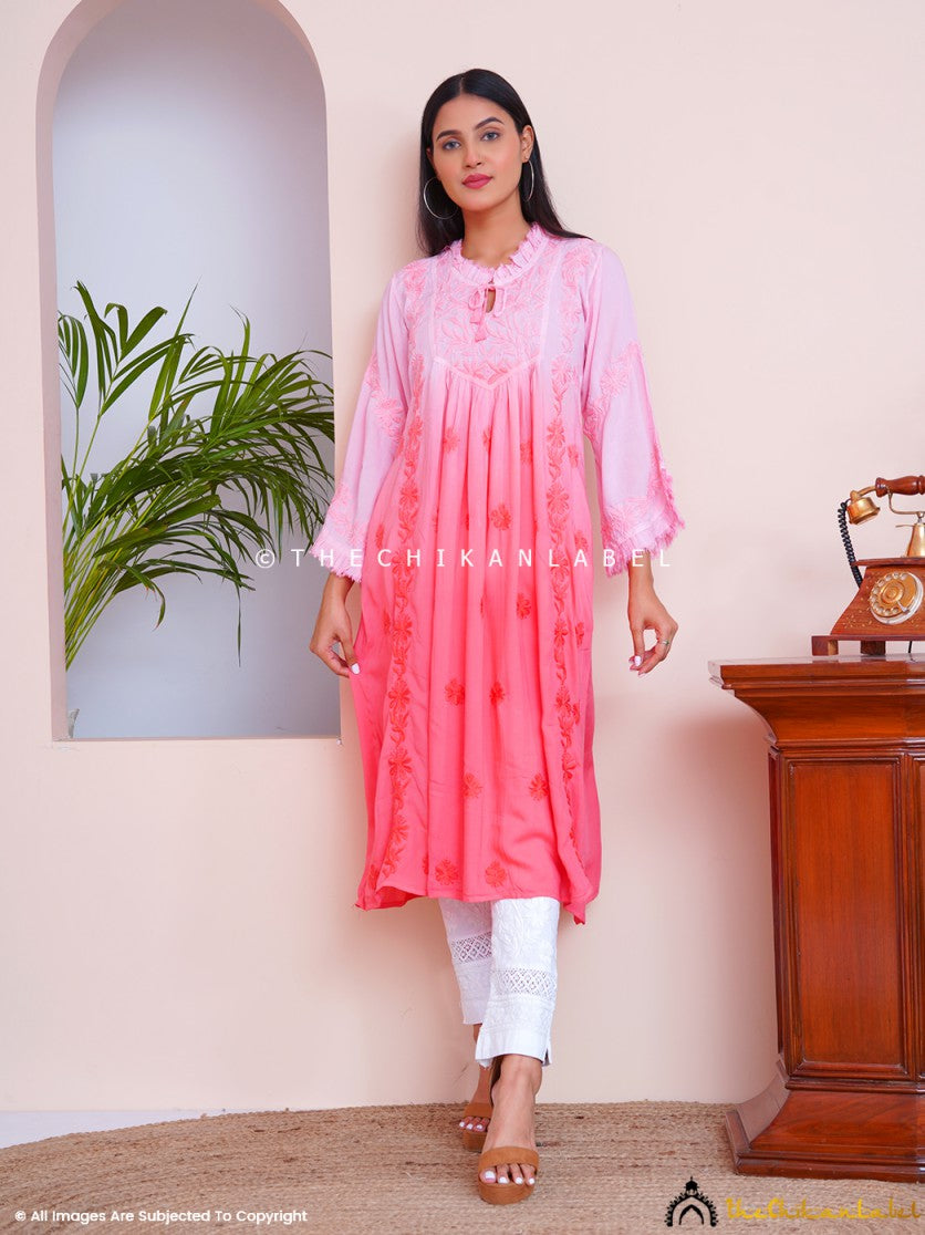 Peach Zahrah Muslin Chikankari Jhalar Yok Anarkali