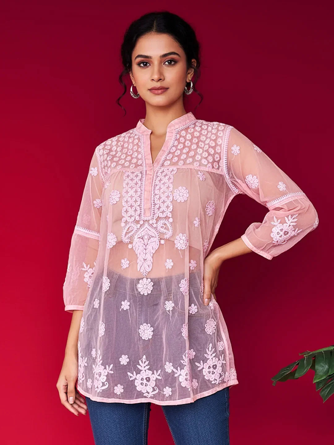 Aashna Organza Chikankari Short Kurta - Pink