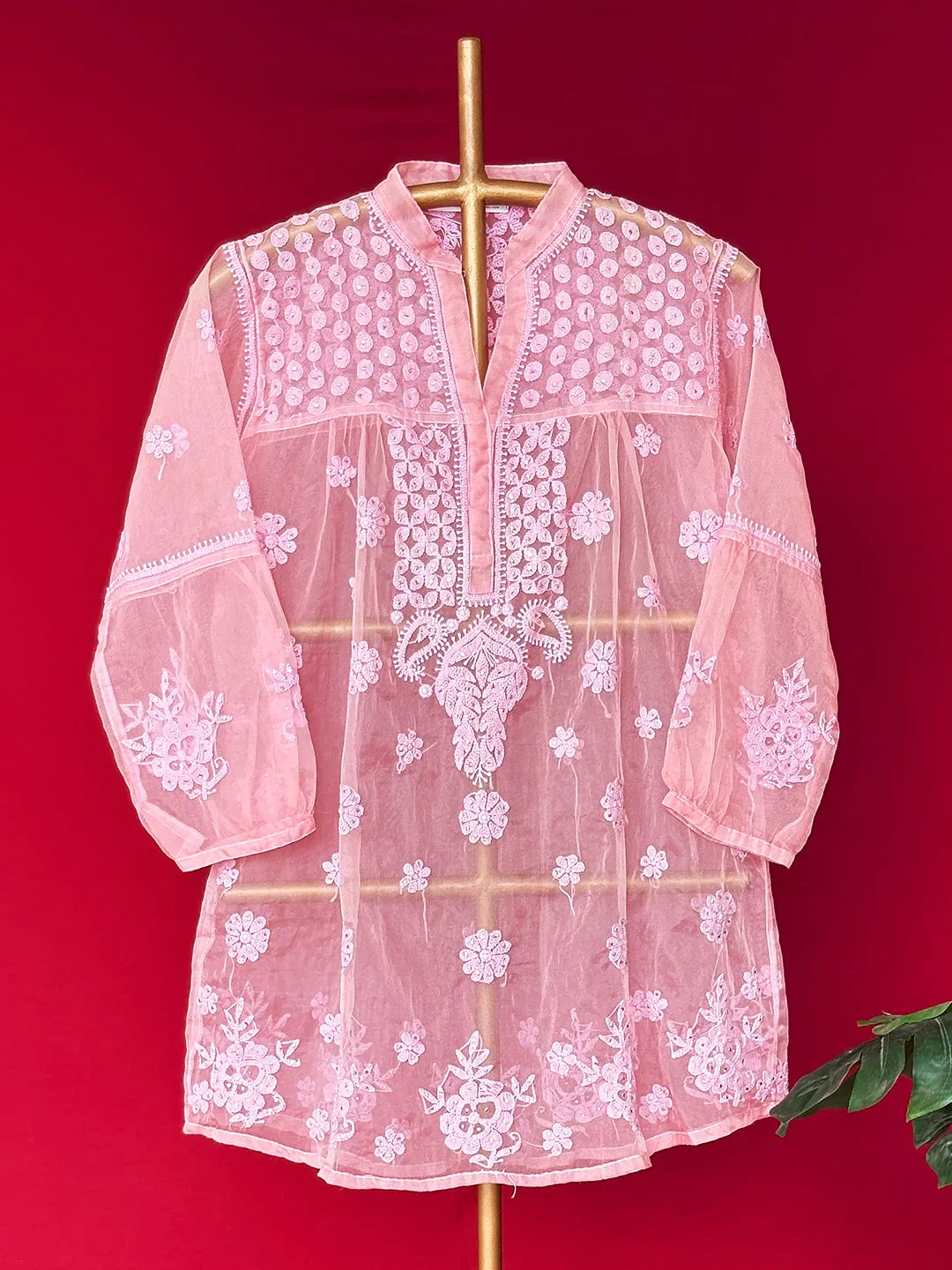Aashna Organza Chikankari Short Kurta - Pink