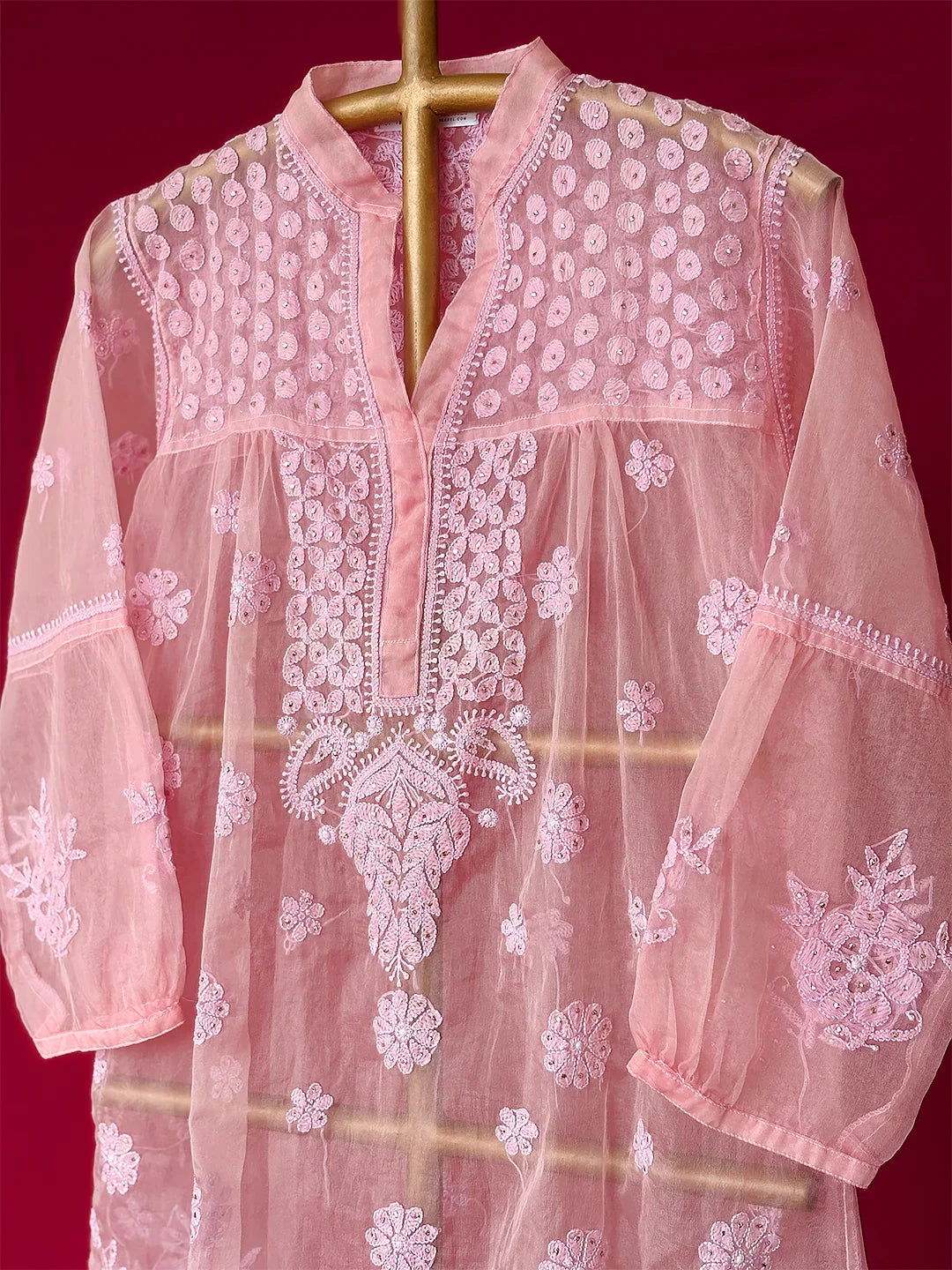 Aashna Organza Chikankari Short Kurta - Pink
