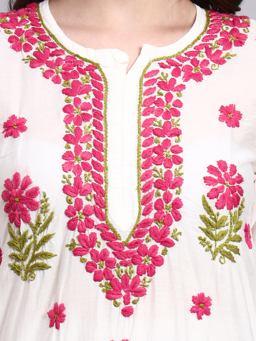 Aashvi Chanderi Chikankari Straight Kurti - Pink