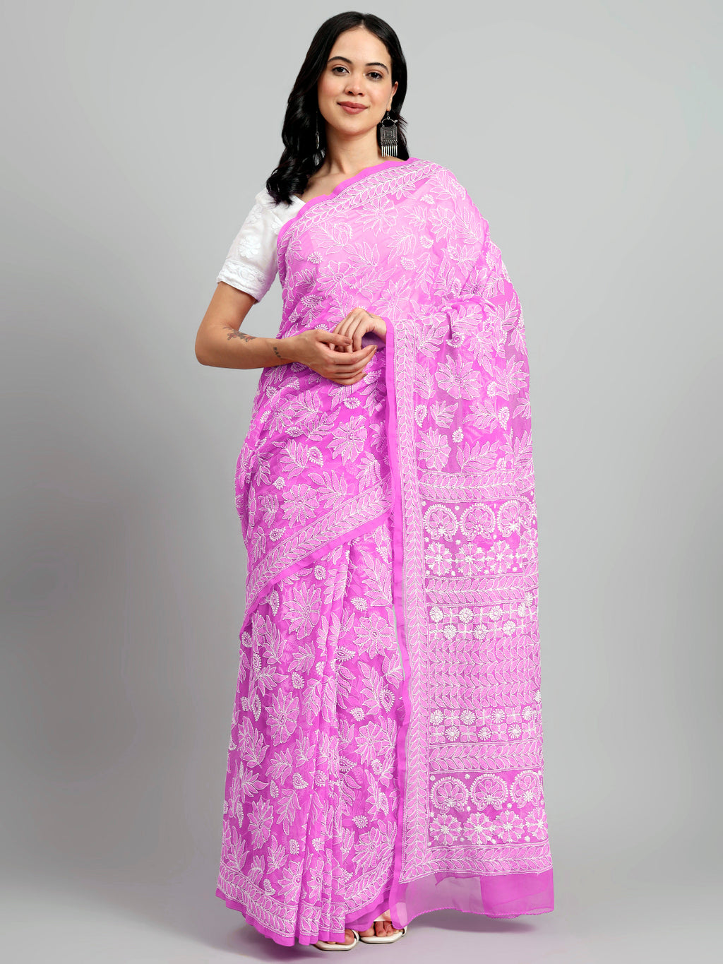 All Over Abla & Pearl Work Chikankari Saree on Faux Georgette with Embroidered Blouse | Handcrafted Lucknowi Elegance | Paridhan Chikan Exclusive