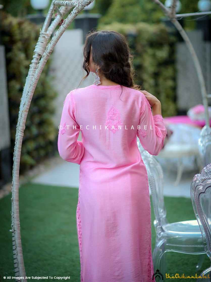 Pink Chanderi Chikankari Straight Kurti
