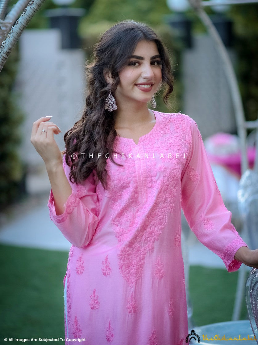 Pink Chanderi Chikankari Straight Kurti