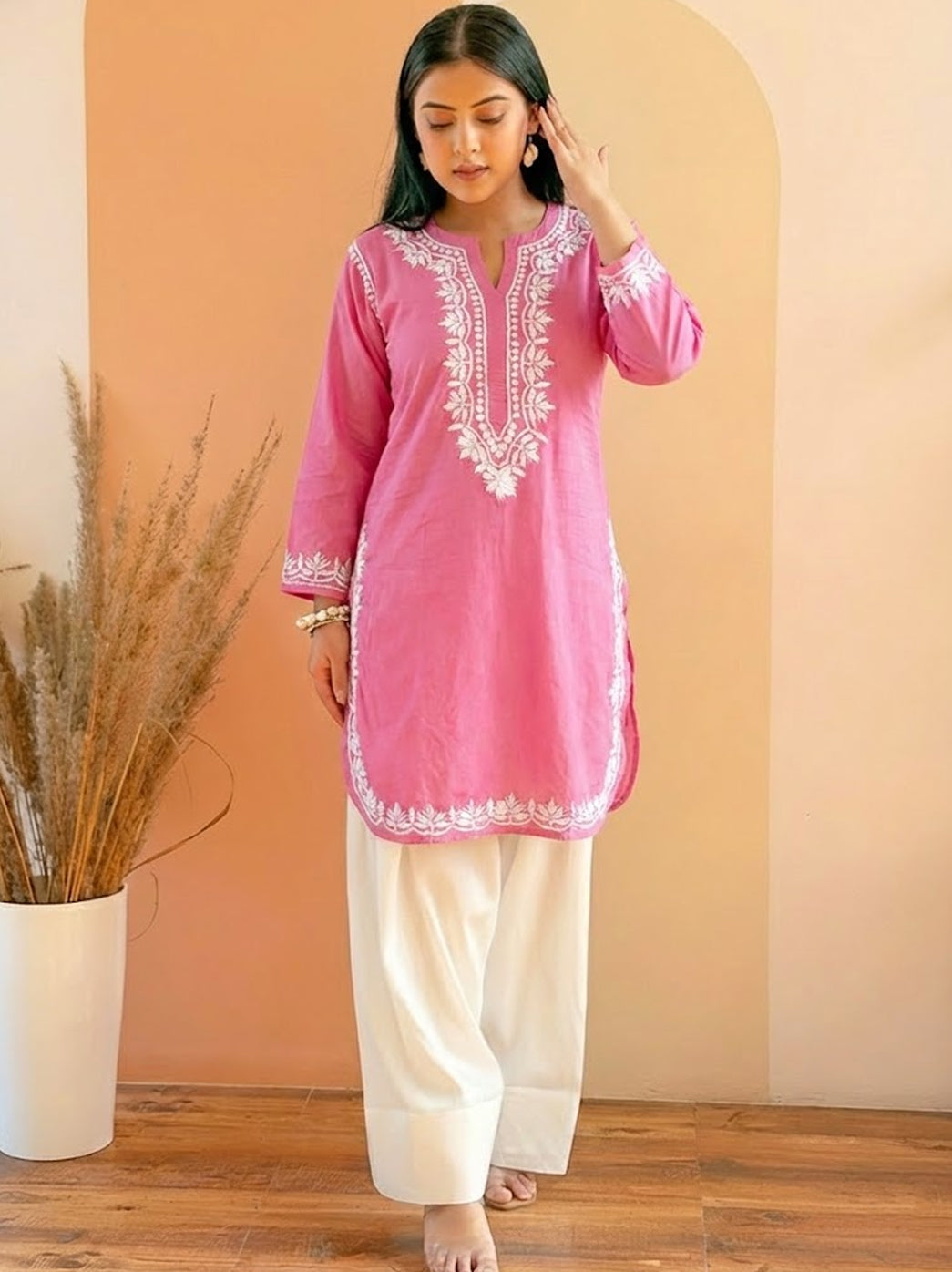 Pink Cotton Chikankari Farshi Salwar Set