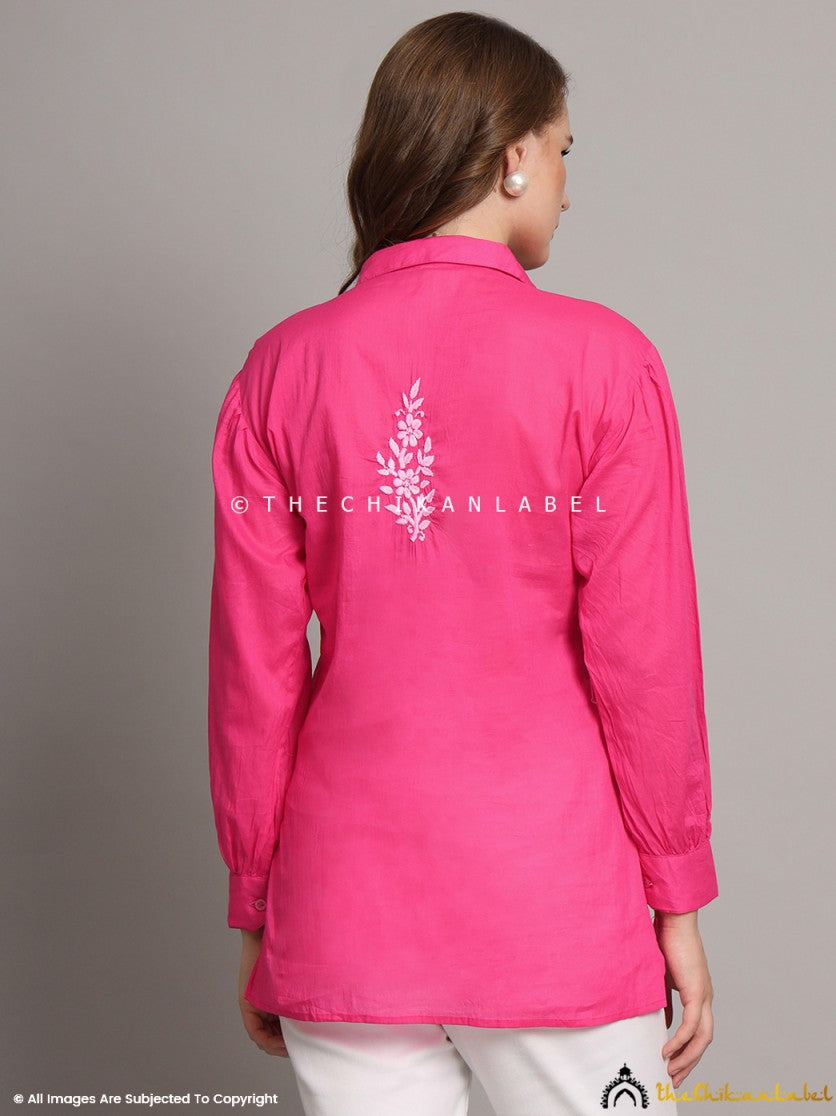 Back view of pink mulmul cotton shirt showcasing relaxed silhouette