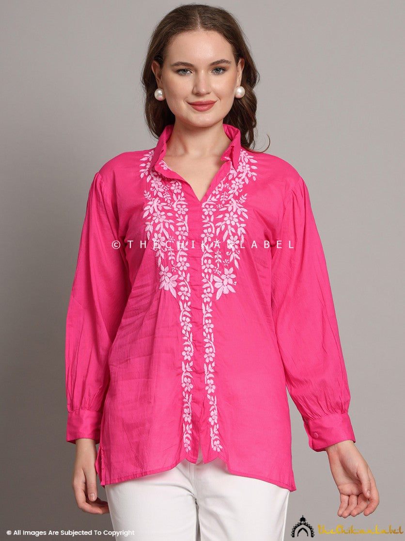 Model styling pink chikankari shirt with minimal accessories