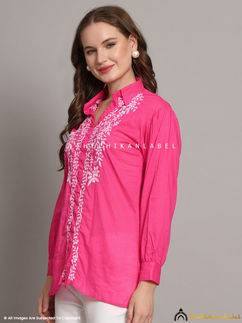 Side view of pink mulmul shirt with straight fit