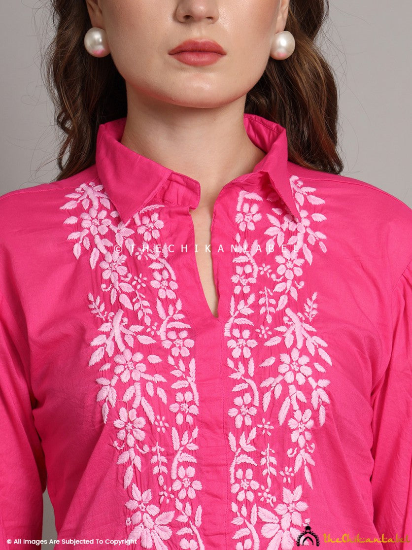 Front view of pink cotton shirt with white hand embroidery