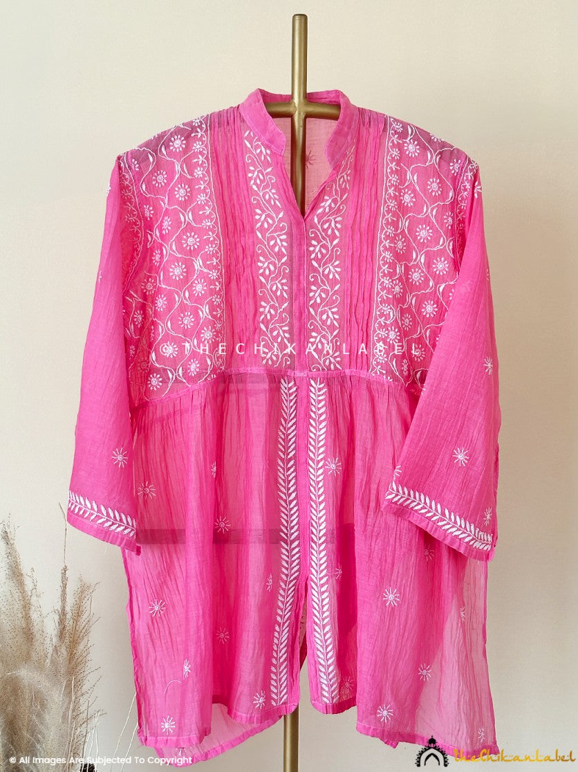 Pink Feba Mulmul Chanderi Semi-stitched Chikankari Shirt