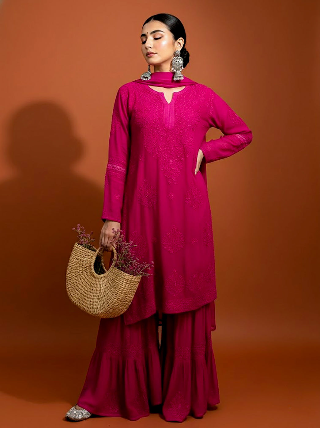 Giva Viscose Chikankari Kurti Garara Set with Dupatta - Hot Pink