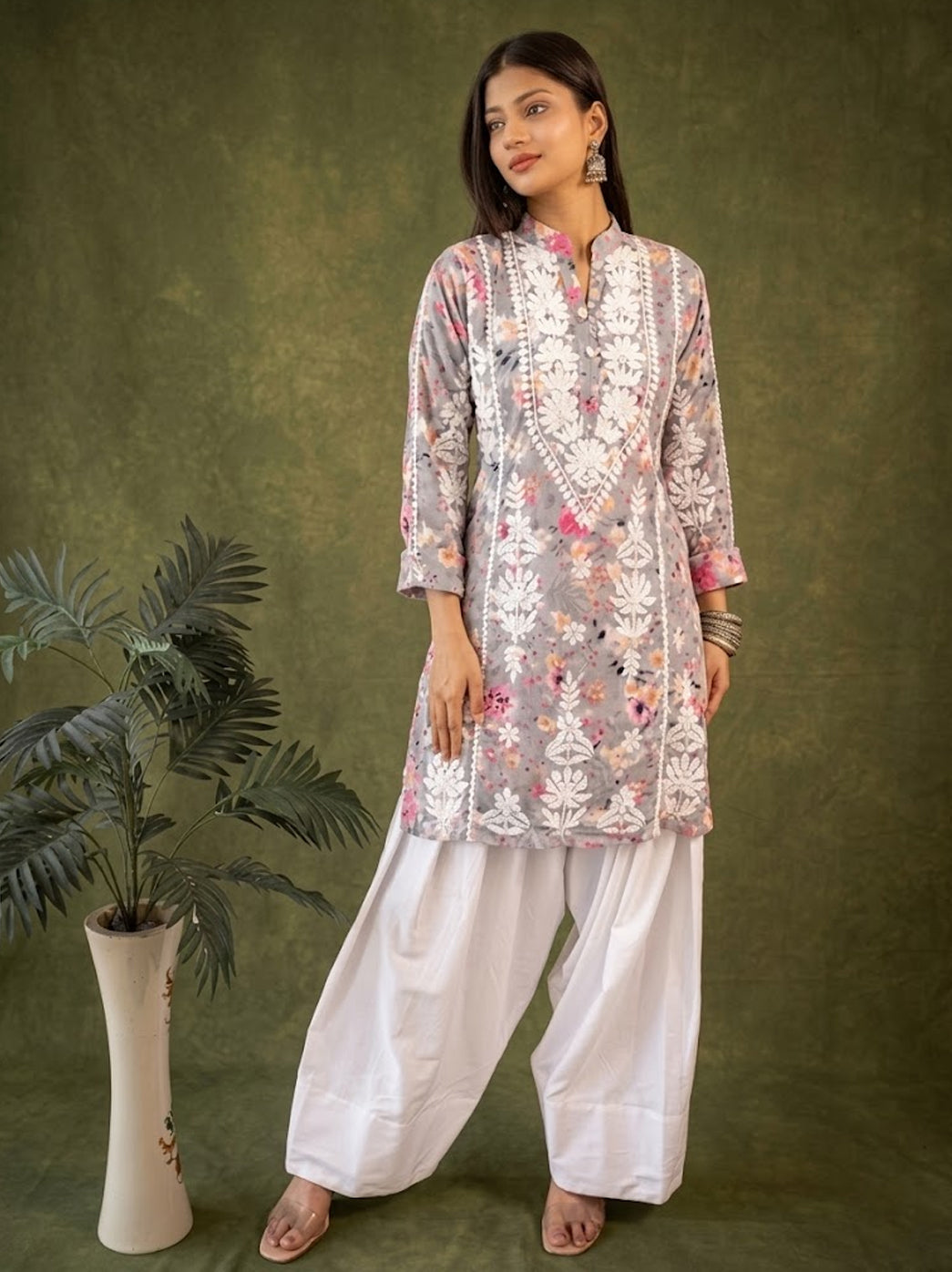 Pink Mulmul Chikankari Farshi Salwar Set