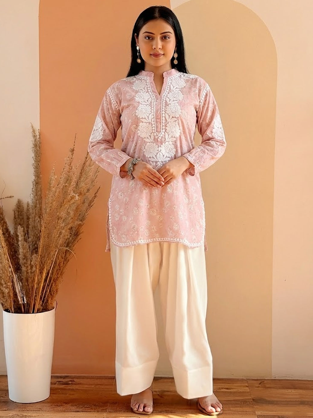 Pink Mulmul Printed Chikankari Farshi Salwar Set
