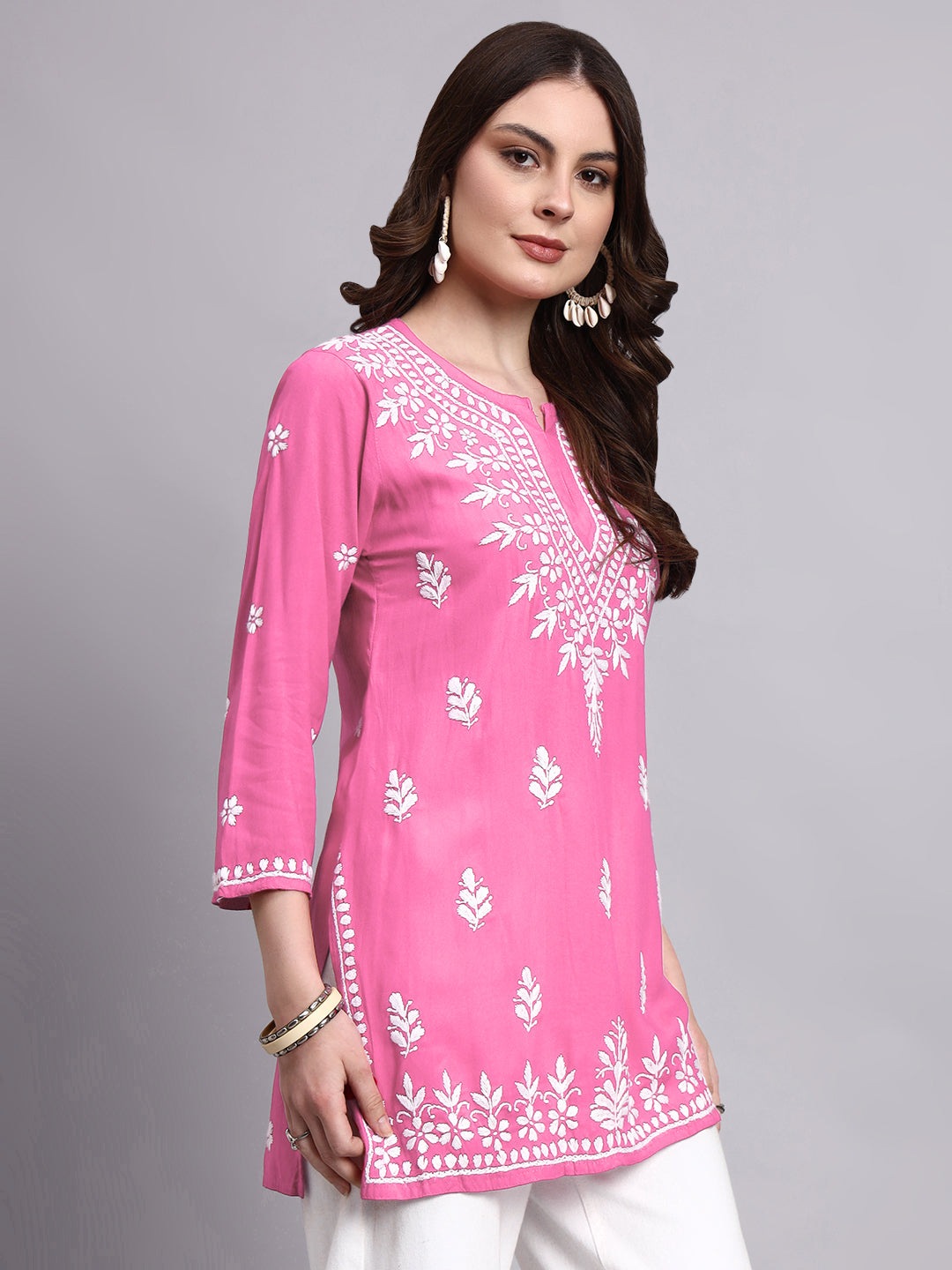 Handcrafted rayon short kurta showcasing delicate chikankari motifs for modern ethnic and fusion styling