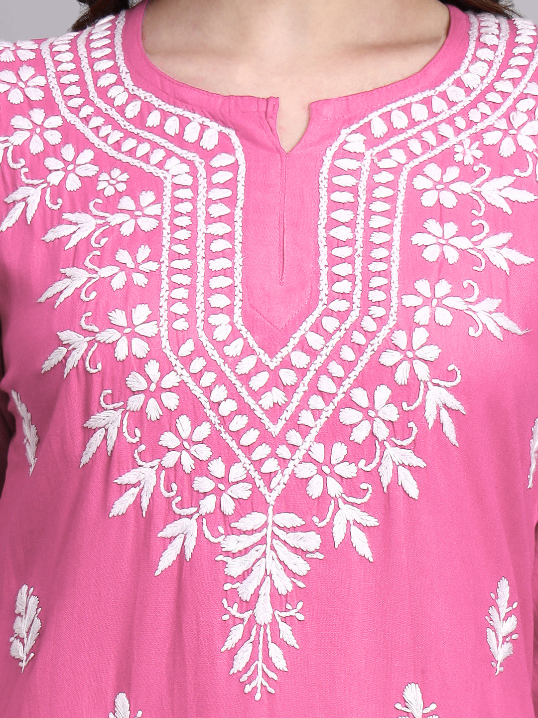 Rayon short kurta featuring authentic hand-embroidered chikankari work designed as a trending short top for women